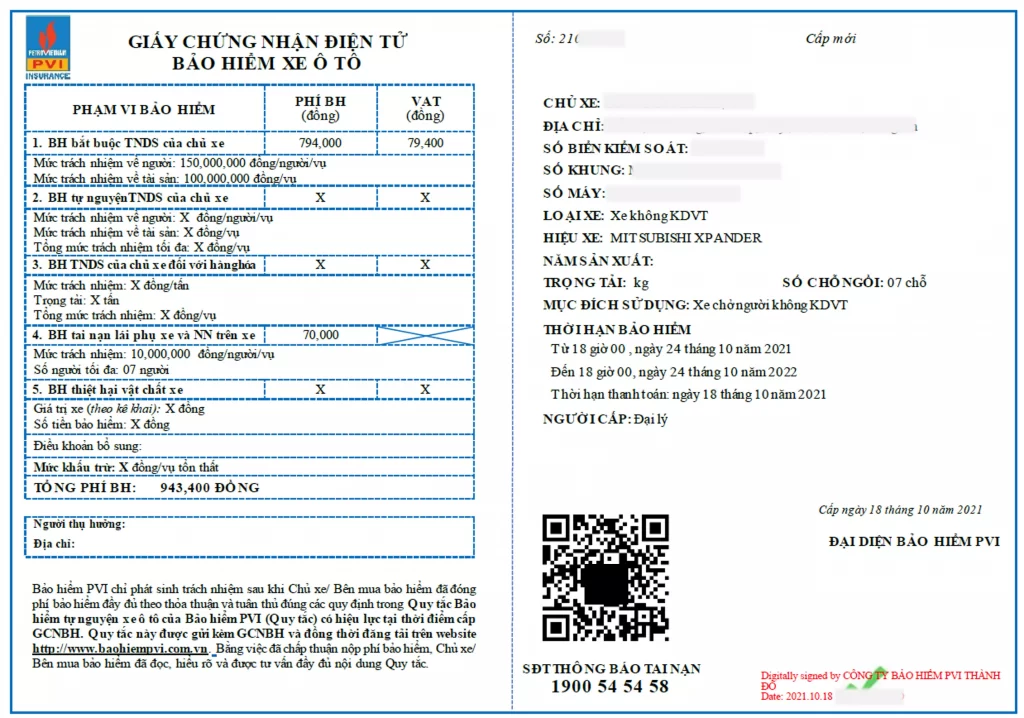 Giấy chứng nhận bảo hiểm trách nhiệm dân sự ô tô